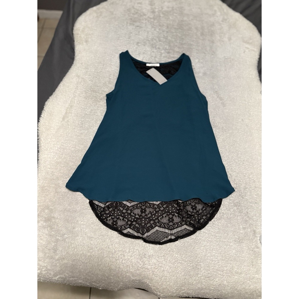 Lush Brand Teal Sleeveless Blouse Black Floral Lace Trim Inset Tank Size S NEW
